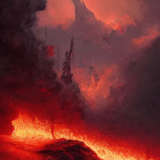 Image similar to pirate ship going to hell, warm temperature, red lightning, sea of lava, hyperdetailed, artstation, cgsociety, by greg rutkowski, by Gustave Dore