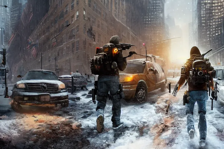 Prompt: agents from (Tom Clancy's The Division) running through snowy new york, high detail, digital art, trending on artstation, by Tom Garden