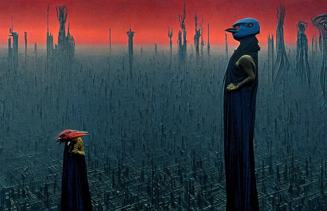 Image similar to extremely detailed portrait film shot of a birdman wearing dark ragged robes, futuristic city sunset landscape background by denis villeneuve, amano, yves tanguy, alphonse mucha, ernst haeckel, max ernst, roger dean, ridley scott, dramatic closeup composition, rich moody colours, blue eyes