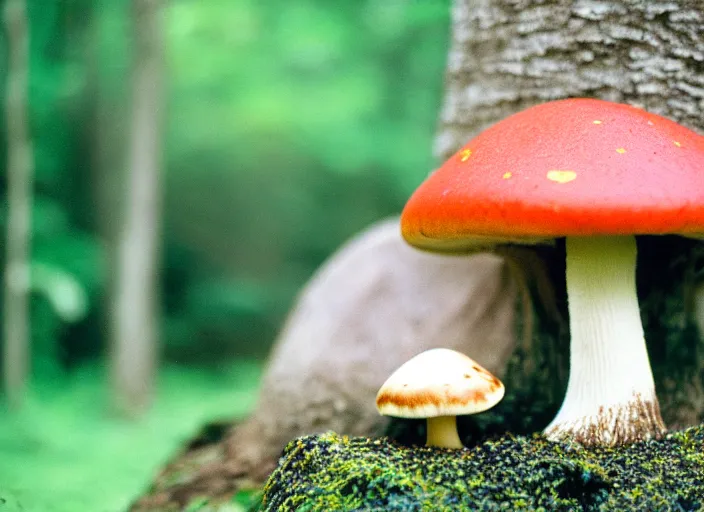 Image similar to a cute creature sitting next to a mushroom, cinestill 8 0 0 t 3 5 mm, high quality, heavy grain, high detail, panoramic, ultra wide lens, cinematic light, dramatic light, anamorphic