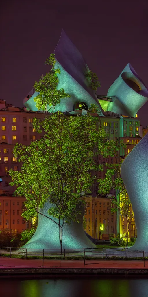 Prompt: high quality photo of biomorphic architecture with brutalist buildings and iridescent vegetation in Saint Petersburg at night cinematic lighting