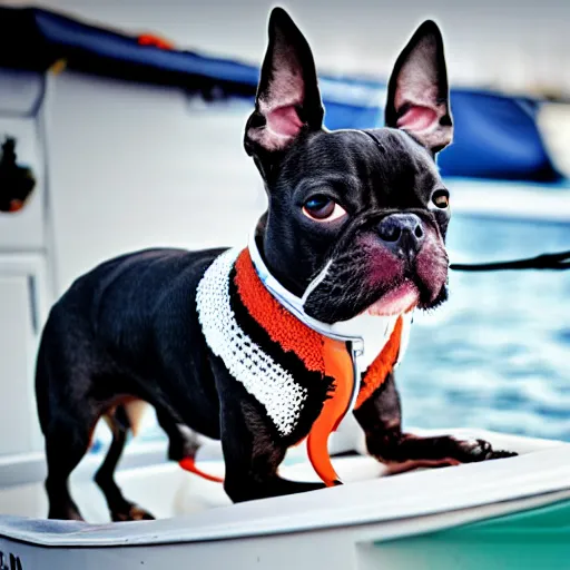 Prompt: a closeup photorealistic photograph of a cute smiling knitted boston terrier dog dressed in a life vest on a pontoon boat. professional capture, well lit shot. this 4 k hd image is trending on artstation, featured on behance, well - rendered, extra crisp, features intricate detail, epic composition and the style of unreal engine.