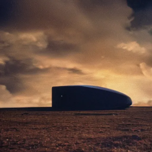 Prompt: a enormously big futuristic space ship hardly can be seen through clouds shifting towards the earth, a man in the middle of the scene watching it from the ground, by Roger Deakins, by Stanley Kubrick, cinestill 800t, trending on artstation, by Christopher Nolan