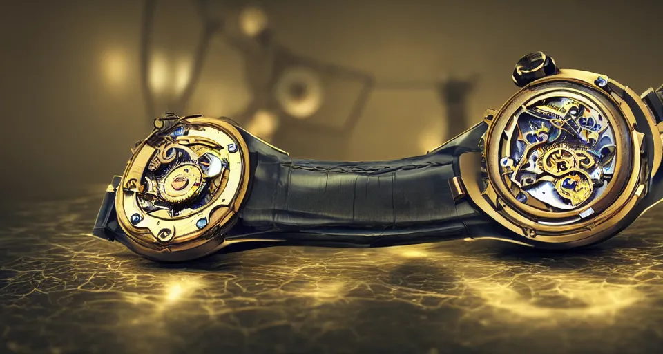 Image similar to complex 3 d render of a futuristic steampunk watch lying on a table, high detail, sharp focus, glowing blue interior components, fractal detail, depth of field, bokeh, cinematic lighting and composition, octane render, film grain, rolex, nordgreen, montblanc