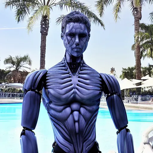 Image similar to made of ice, a realistic detailed photo of a guy who is an attractive humanoid who is half robot and half humanoid, who is a male android, on display, blank stare, showing off his muscles, shiny skin, posing like a statue, by the pool, frozen ice statue, twitch streamer / gamer ludwig, humanoid robot