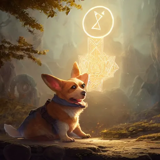 Prompt: d & d character, corgi, spellcaster, arcane wizard, magical runes, mystical, glowing, fantasy, intricate, highly detailed, hyperrealistic, beautiful digital illustration, greg rutkowski, trending on artstation, 8 k