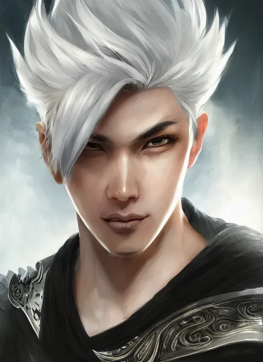 Image similar to a highly detailed illustration of fierce short white haired parted through the middle young attractive asian man, wearing hakama, with black sclera eyes, heroically battle posing, intricate, elegant, highly detailed, centered, digital painting, artstation, concept art, smooth, sharp focus, league of legends concept art, WLOP