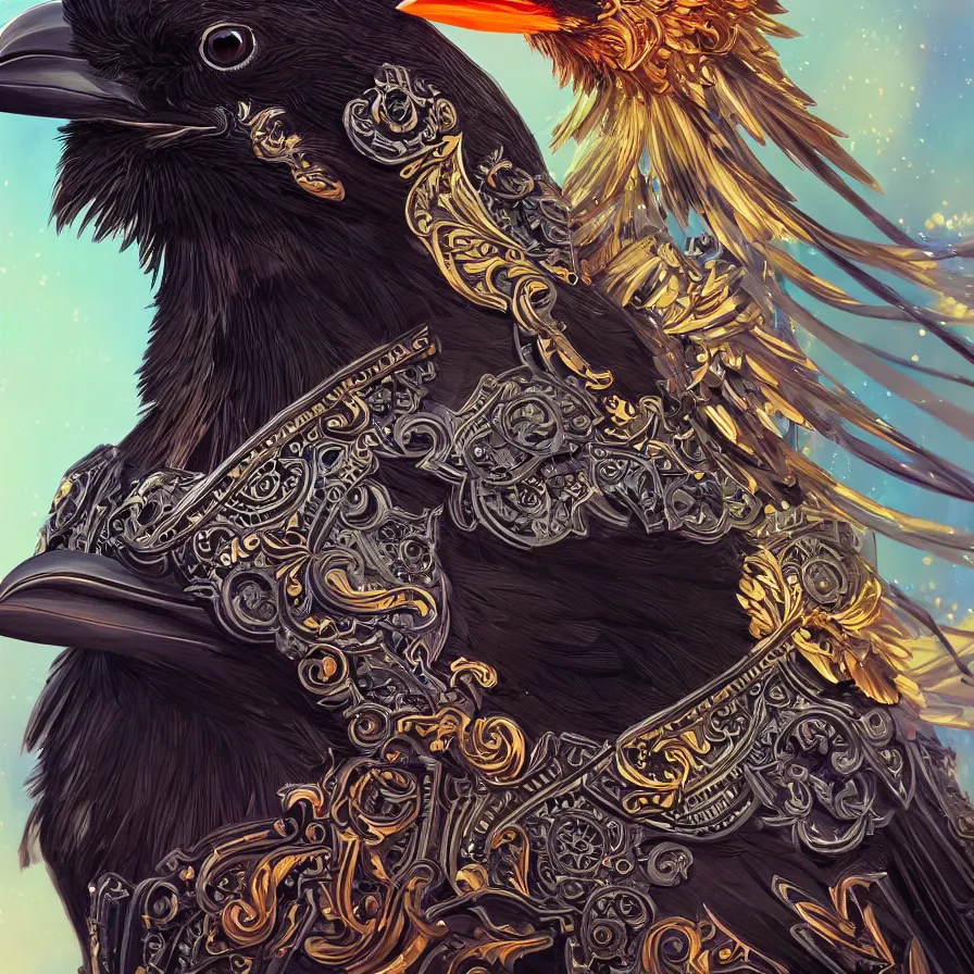 Prompt: beautiful black raven bird with ornate armor, cute, intricate, highly detailed, digital painting, trending on artstation, concept art, smooth, sharp focus, backlit, rim light, vivid colors, illustration, unreal engine 5, 8 k, art by rossdraws and alphonse mucha