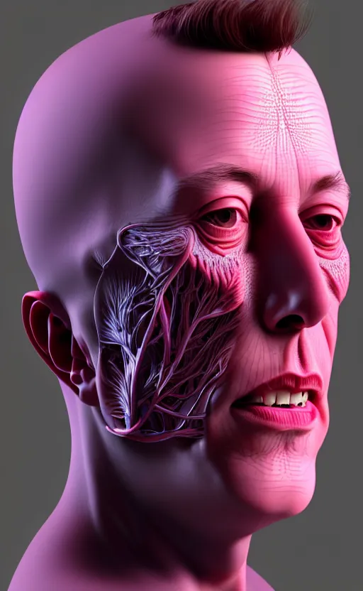 Prompt: a 3D render of a beautiful profile face portrait of a Elon Musk, 150 mm, beets, Mandelbrot fractal, anatomical, flesh, facial muscles, wires, microchip, veins, arteries, full frame, microscopic, elegant, highly detailed, flesh ornate, elegant, high fashion, rim light, octane render in the style of H.R. Giger and Man Ray