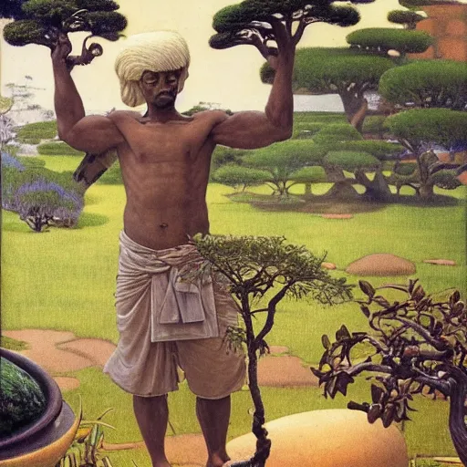 Image similar to Muscular African gardener cutting bonsai trees, grey Hair, idyllic Garden, by Annie Swynnerton and Nicholas Roerich and jean delville, glowing paper lanterns, strong dramatic cinematic lighting , ornate tiled architecture, lost civilizations, smooth, sharp focus, extremely detailed