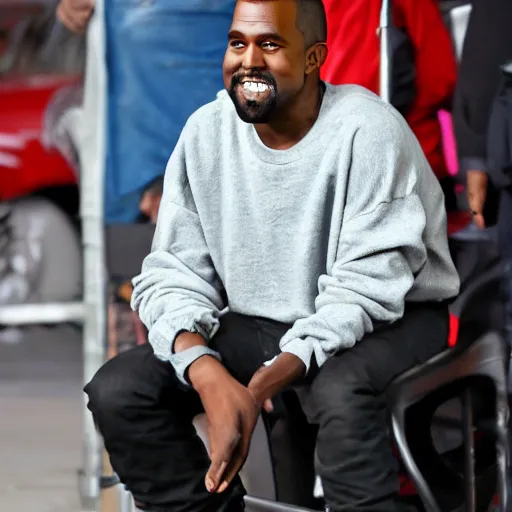 Image similar to kanye west sitting in a shopping cart grinning