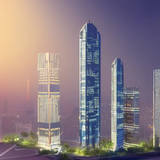 Prompt: a very realistic digital art rendering and concept design of a Skyscraper at night, with magnificent volumetric lighting, three dimensions, a digitally transformed environment, ui design, 3d modeling, illustration, and transport design