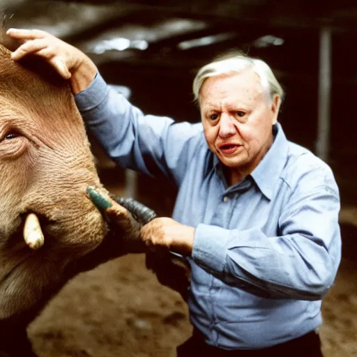 Image similar to david attenborough working in a slaughter house