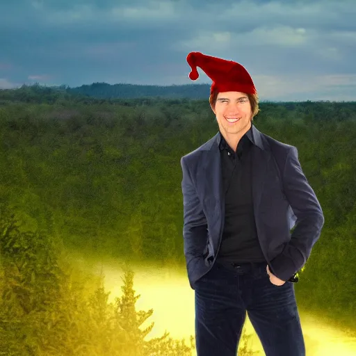 Prompt: tom cruise in costume with a christmas hat. tropical forest in the background. sunset lighting.