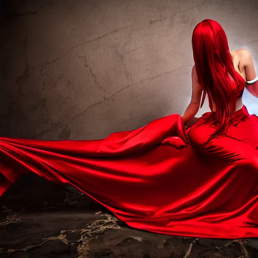 Prompt: dslr, erza scarlet as a real person, holding a katana sword, extremely beautiful, wearing a red satin dress, greatly detailed, high quality, moody lighting, real photo, real camera, 8 k