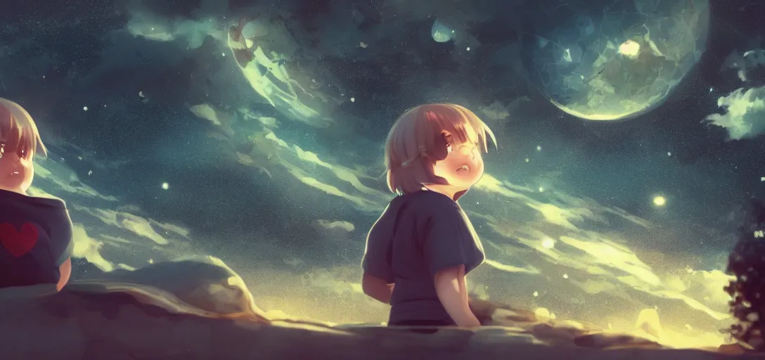 Image similar to A young chubby teen called Jaynie, looking out into the cosmos, imagining all the possibilities of her future. Anime style, concept art, cinematic lighting, cinematic composition, rule of thirds , mysterious, eerie, cinematic lighting, ultra-detailed, ultrarealistic, photorealism, 8k, octane render