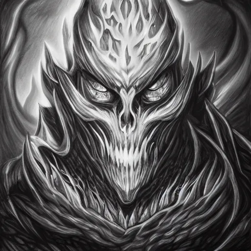 Image similar to grayscale drawing by Anato Finnstark of diablo lord of terror in 3/4 view, swirling flames