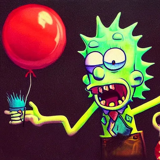 Image similar to grunge painting of spongebob with a wide smile and a red balloon rick and morty style, creepy lighting, horror theme, detailed, elegant, intricate, conceptual