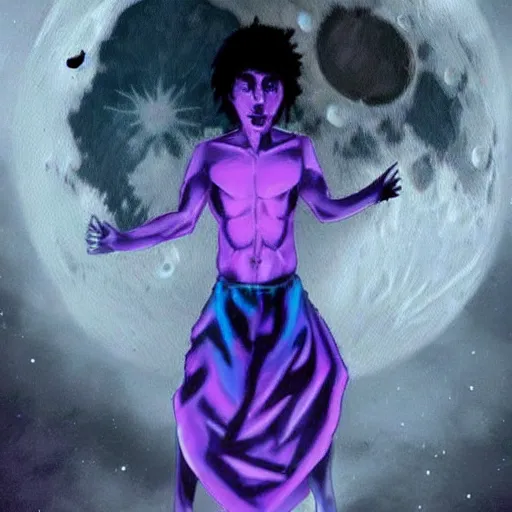 Image similar to a guy with purple eyes, completely dark aura, with black. magic powers, he's on the moon