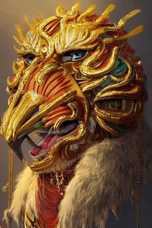 Prompt: masterful fantastic realist painting an exotic ancient feathered and bejeweled bird wearing an exquisite and fiercely painted bugaku mask of a tiger, gold chains strung like tinsel, digital painting trending on artstation, viciously blinded, shimmering opal, volumetric lighting and mist, cosplay, portrait painting, hyperrealistic, octane render