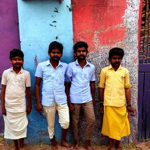 Prompt: four tamil friends playing a game of cricket, on an indian street