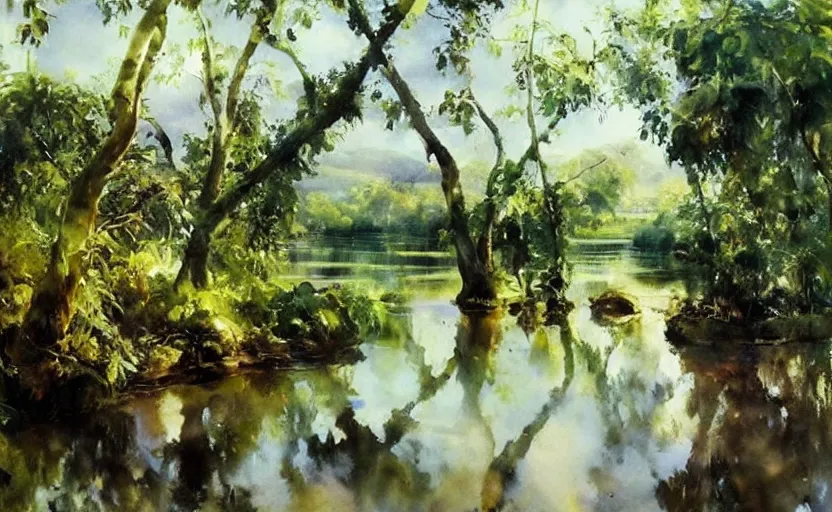 Image similar to oil painting lanscape by anders zorn, jungle nature, fruit trees, very very very very beautiful art, dramatic light, water reflections, aquarelle paint splashes and drips, drops