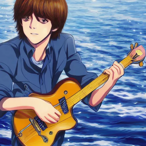 Image similar to anime illustration of young Paul McCartney from the Beatles, wearing a blue and white check shirt and watch, relaxing on a yacht at sea, screenshot from Weathering With You (2019)