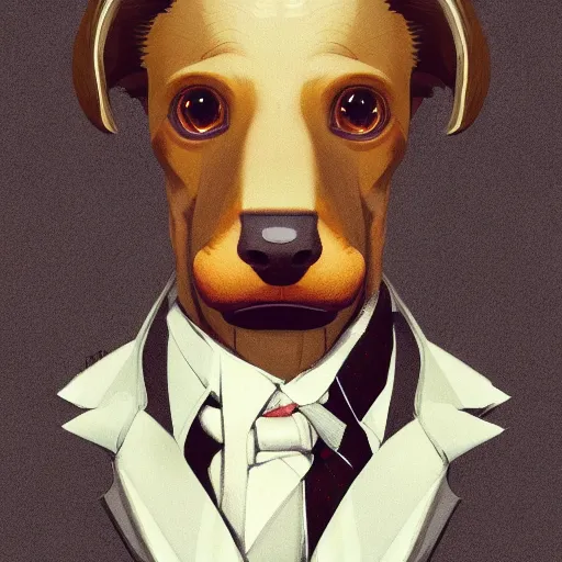Image similar to ripped physique crown collar leash Man portrait Sherlock Patrick Bateman snout Detective Anthropomorphic furry fuzzy fashion vogue Dachsund man wearing a Dachsund costume wearing an Executive costume gerald brom bastien grivet greg rutkowski norman rockwell portrait face head snout ears eyes illustration tombow