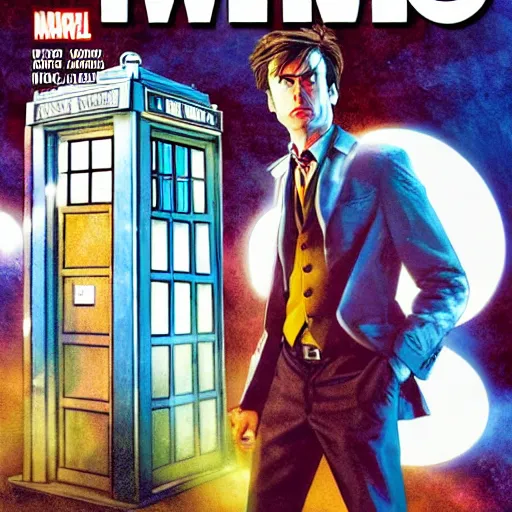 Image similar to A marvel comic book cover of the tenth doctor standing in front of the Tardis, daytime