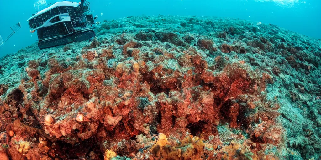 Prompt: small bulldozers pushing corals on the seafloor