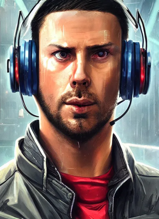 Image similar to cyberpunk character wearing jumpsuit and red jacket and cyberpunk headset. ( blade runner 2 0 4 9, dystopian, cyberpunk 2 0 7 7 character design ). attractive face. portrait by james gurney and laurie greasley, oil on canvas. cinematic, hyper realism, realistic proportions, anatomy, dramatic lighting, high detail 4 k