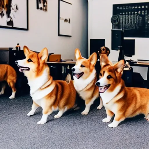 Prompt: photograph of a busy office filled with corgies doing office work