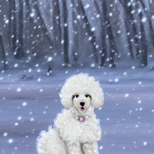 Prompt: cute fluffy white poodle puppy sitting in snowy winter landscape detailed painting 4k