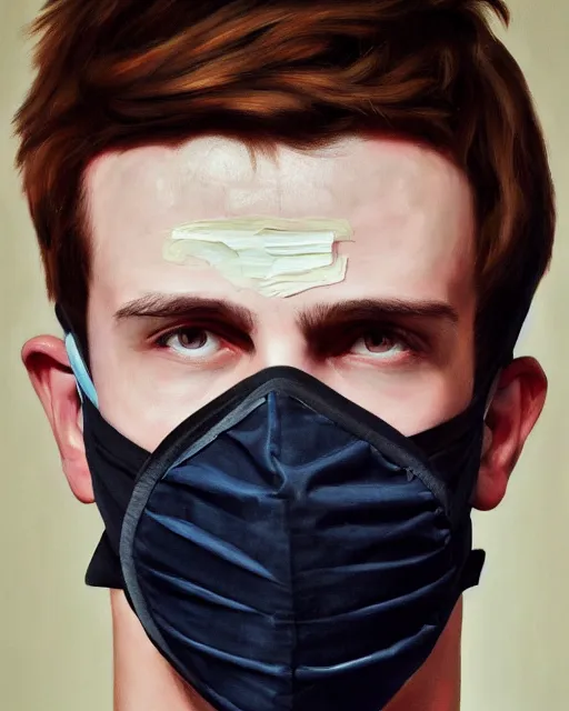 Prompt: masterpiece oil paint of a european young man covering face with fabric mask, ultrarealistic, trending on artstation, extremely detailed