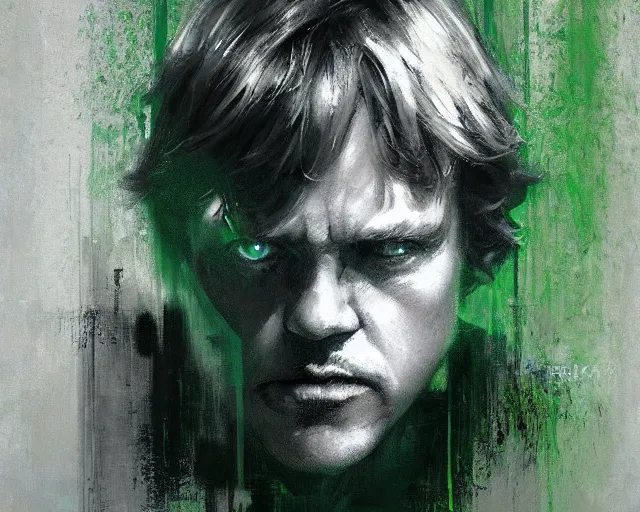 Image similar to portrait of luke skywalker in shades of grey but with green by jeremy mann