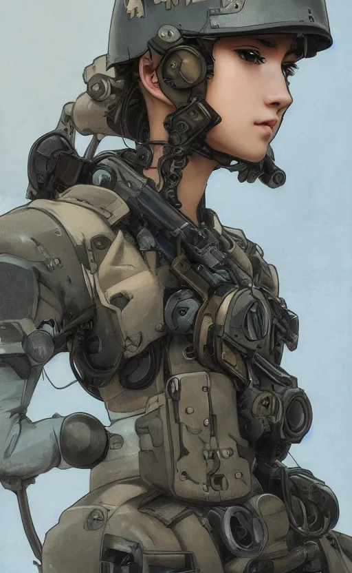 Image similar to portrait of mechanized soldier girl, anime style, urban in background, soldier clothing, combat helmet, short hair, hair down, symmetrical facial features, from arknights, hyper realistic, 4 k, rule of thirds, extreme detail, detailed drawing, trending artstation, hd, d & d, realistic lighting, by alphonse mucha, greg rutkowski