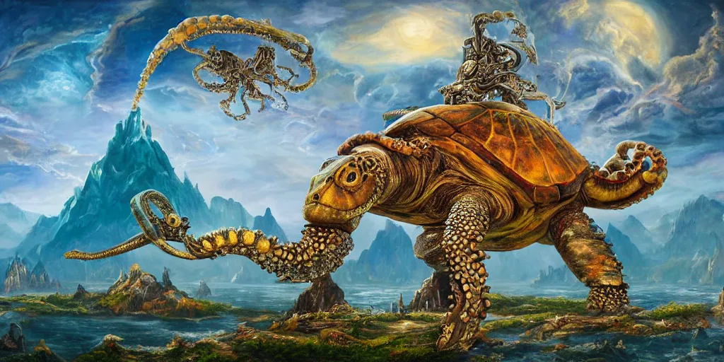 Image similar to fantasy oil painting, great leviathan, cybernetic turtle cephalopod terrapin reptilian pachyderm squid, bella hadid, hybrid, milla jovovich, anubis, epic natural light, lush plants flowers, spectacular mountains, bright clouds, luminous sky, outer worlds, golden hour, michael cheval, edward hopper, michael whelan, vray, hd