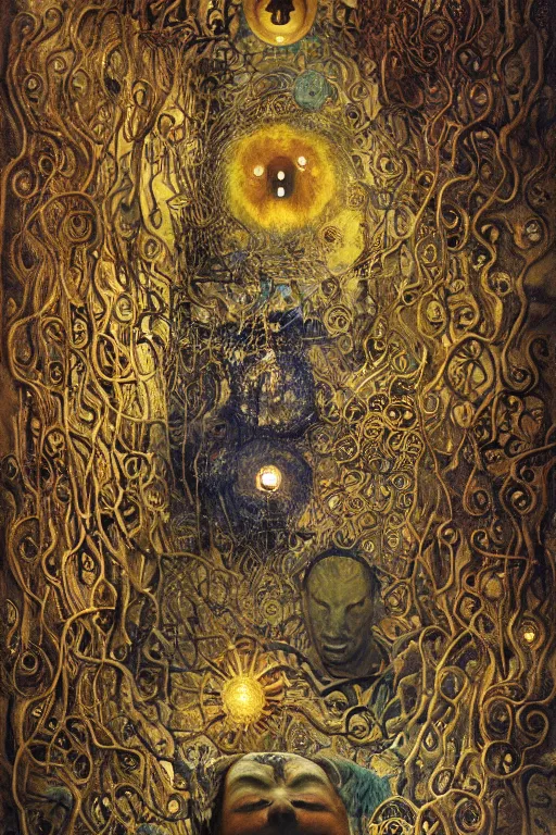 Image similar to The Dreaming Cell by Karol Bak, Jean Deville, Gustav Klimt, and Vincent Van Gogh, mystic eye, otherworldly, prison, elaborate wrought iron bars, chains, locks, fractal structures, arcane, inferno, inscribed runes, infernal relics, ornate gilded medieval icon, third eye, spirals