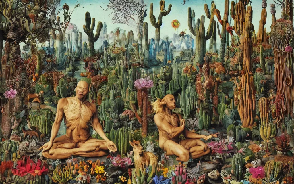 Prompt: photograph of a meditating centaur shaman and a flayed werewolf feeding animals. surrounded by bulbous flowers, animals and a few trees and cacti. river delta with cliffs under a blue sky of burning stars. painted by jan van eyck, max ernst, ernst haeckel, ernst fuchs and artgerm, trending on cgsociety