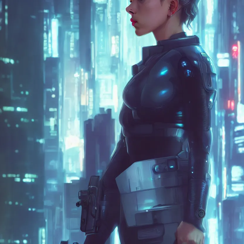 Image similar to 3 / 4 portrait, scarlett johansson as major mira killian from ghost in a shell, night, crop top, beautiful, in a modern city, neon signs, jewelry, artstation, william bouguereau, rossdraws, greg rutkowski, super detailed, realistic, octane render, volumetric, cinematic, 8 k