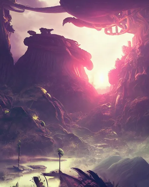 Image similar to alien temple, beautiful landscape, nier automata, protoss!!!!, machine planet, mothership in the sky, pink sun, tropical forest, colorful light, advanced technology, cinematic lighting, highly detailed, masterpiece, art by bastien grivet and darwin cellis and jan urschel