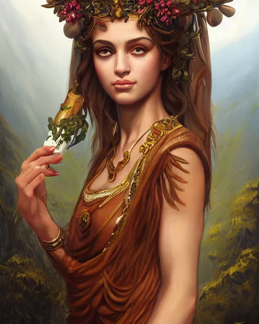 Prompt: A detailed painting of a full length portrait of Hebe, the Greek Goddess of youth. She served nectar to the Gods. By Anne Stokes and Steve Argyle and Daniela Uhlig and Tom Bagshaw. Trending on Artstation, digital character painting.