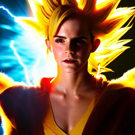 Image similar to face photo of emma watson as super saiyan as goku powering up wearing hoodie electric energy dramatic lighting by annie leibovitz