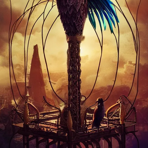 Image similar to intricate cage with bird of paradise steampunk, matte painting, cinematic, epic composition, detailed, atmospheric, wide angle, artstation trending