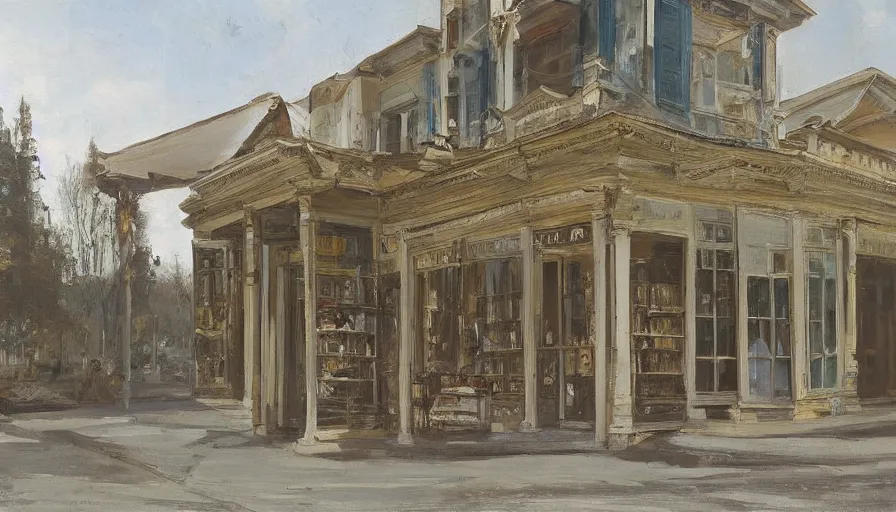 Image similar to straight one point perspective artwork painting of the storefront front of a building by eugene von guerard, ivan shishkin, john singer sargent