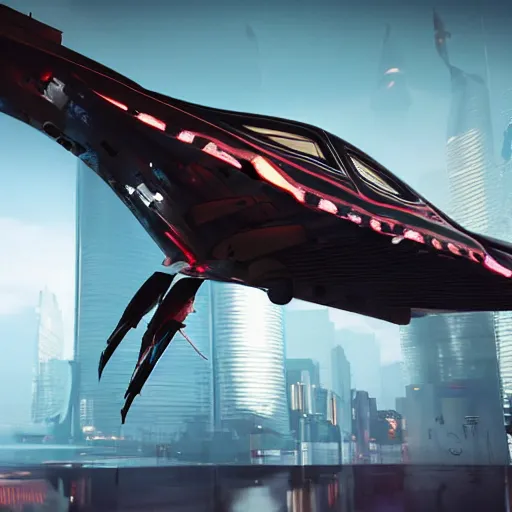 Image similar to cyberpunk alien concept of the a - team van with airplane wings in both sides flying in the sky, futuristic look, highly detailed body, very powerful, photorealistic camera shot, crisp quality and light reflections, unreal engine 5 quality render