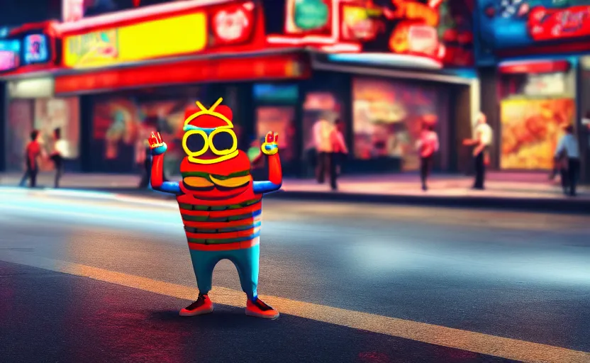 Prompt: hot dog man dancing on a street corner, cyberpunk, detailed, 4 k