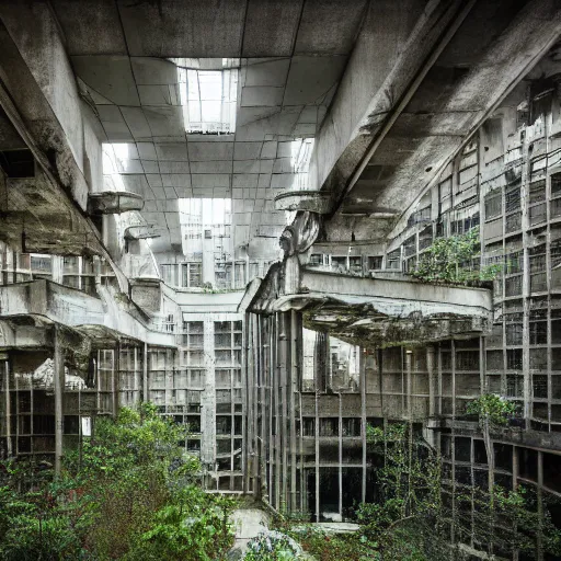 Image similar to scifi brutalist industrial complex, overgrown, photograpgy