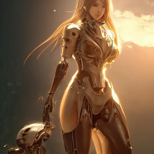 Image similar to ultra realistic illustration of android song hye - kyo, warframe, intricate, nier automata, sunset, golden hair, elegant, highly detailed, digital painting, artstation, concept art, smooth, sharp focus, illustration, art by artgerm and akihiko yoshida and alphonse mucha