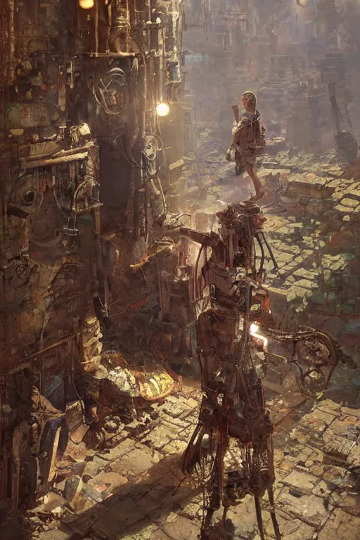 Image similar to an ancient Aztec!!! boy fixing his Aztec!! robot!, part by Craig Mullins, part by Greg Rutkowski , part by Mattias Adolfsson, volumetric lighting!!, oil on canvas